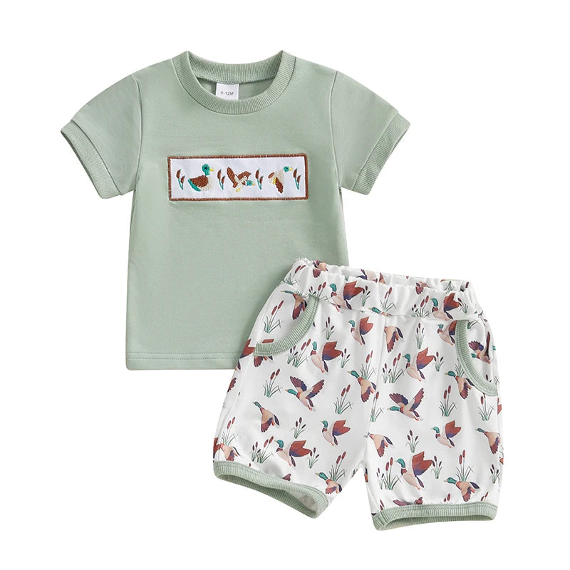 Baby Toddler Boys 2Pcs Summer Outfit Duck Embroidery Short Sleeve Top and Elastic Camouflage Shorts Set