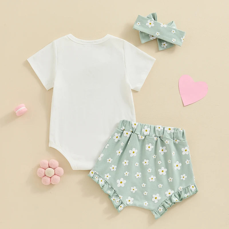 Baby Girl 3Pcs Daddy’s Girl Short Sleeve Romper Flower Ruffle Shorts Headband Outfit Set