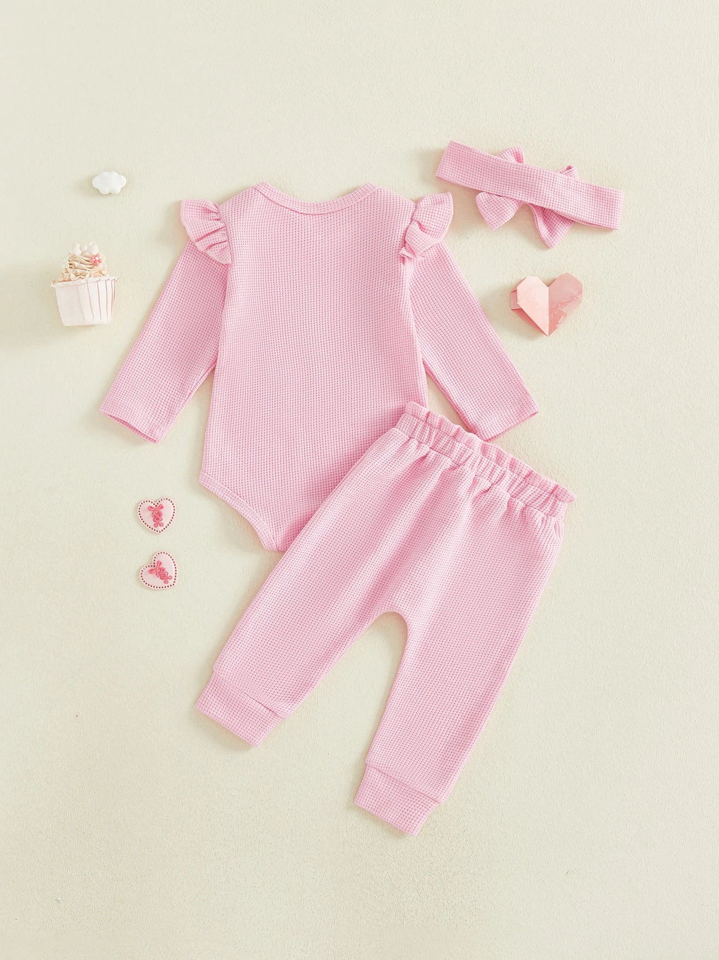 Baby Girl 3Pcs Lil Sis Outfit Waffle Letter Embroidered Crew Neck Long Sleeve Romper Jogger Pants and Headband 3 Pcs Set