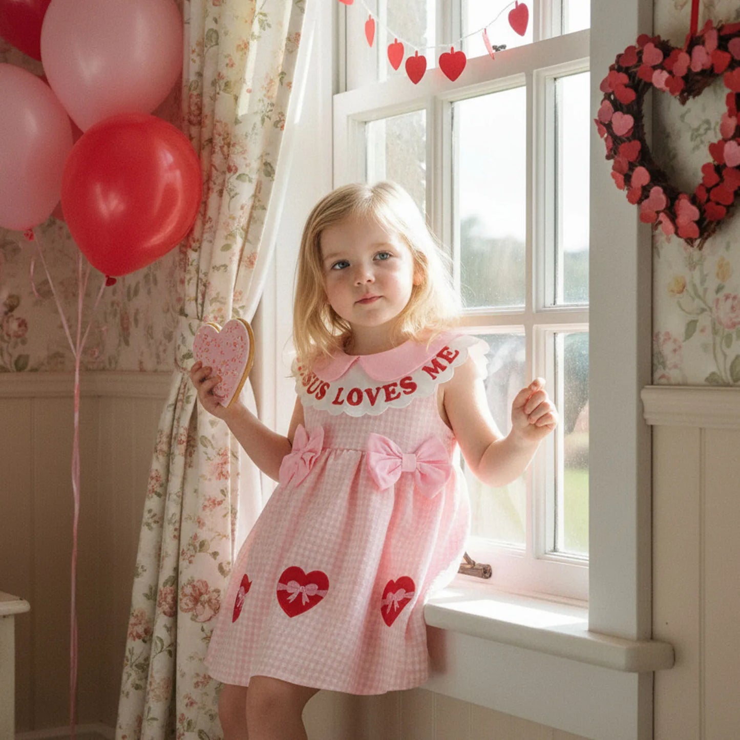 Baby Toddler Girls A-line Dress Valentine's Day Jesus Loves Me Sleeveless Doll Collar Letter Heart Embroidery Plaid Dress