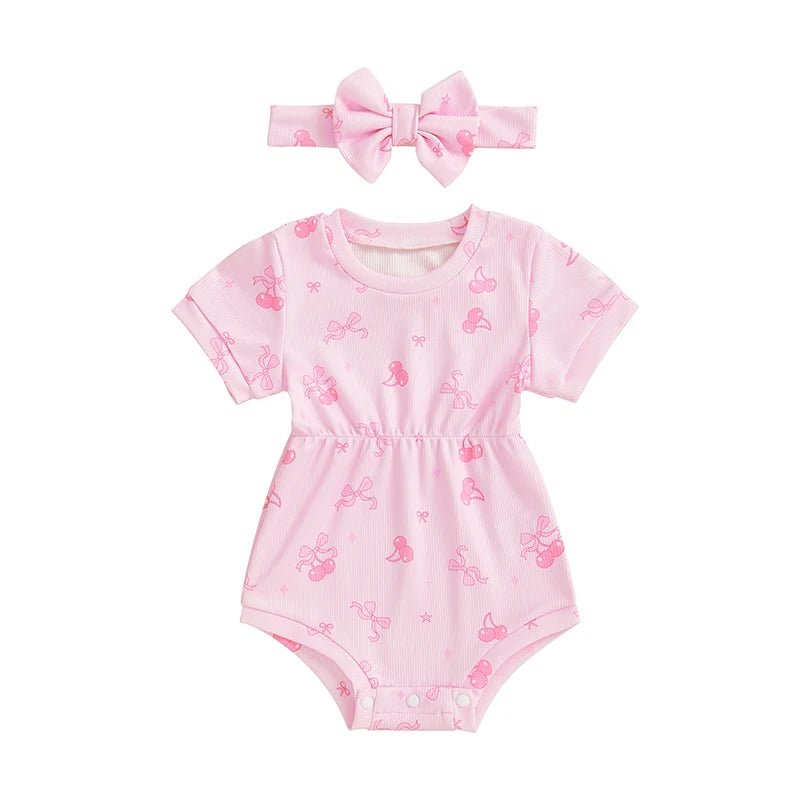 Baby Girls 2Pcs Elastic Waist Romper Floral Flowers / Bow / Strawberry Short Sleeve Bodysuit with Headband Clothes Set Outfit Spring Summer