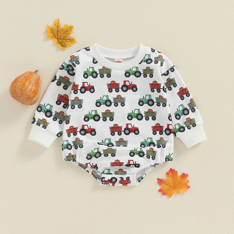 Baby Boys Romper Cartoon Tractor Wagon Pumpkin Print Round Neck Long Sleeve Jumpsuit Fall Bodysuit