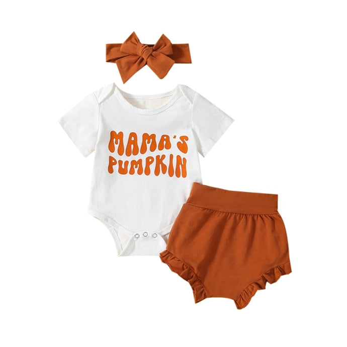 Baby Girls 3Pcs Halloween Shorts Sets White Letter Print Mama Pumpkin Romper Ruffle Shorts Headband Bow