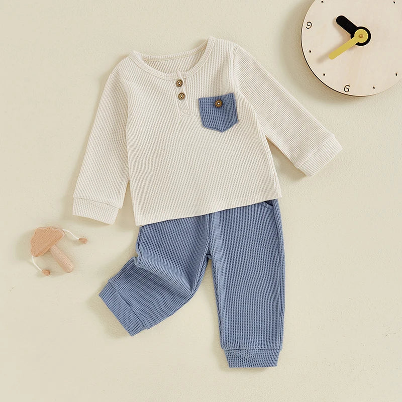 Baby Toddler Boy 2Pcs Outfit Long Sleeve Waffle Pocket Button Top + Pants Set