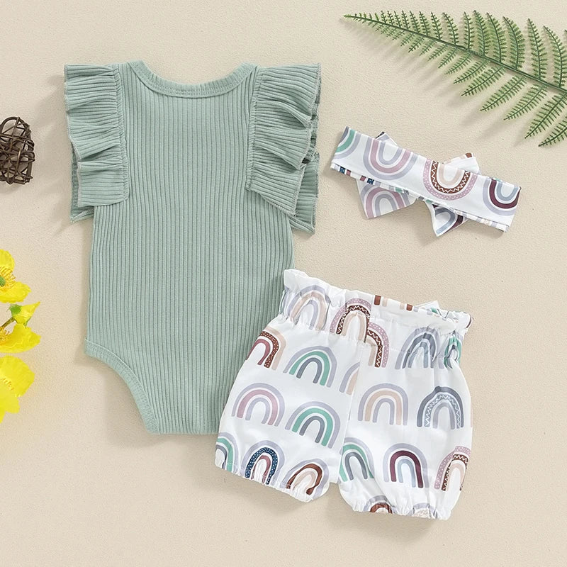 Baby Girls 3Pcs Hi I'm New Here Fly Sleeve Romper with Camouflage Rainbow Sunflower Waist Tie Shorts and Headband Summer Outfit