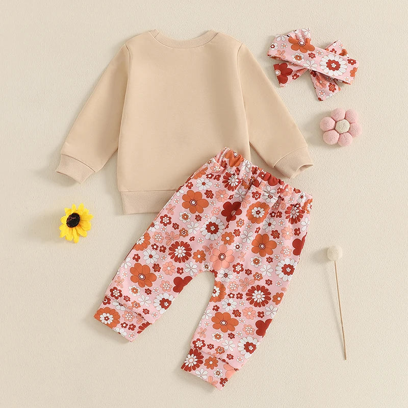 Baby Toddler Girls 3Pcs Outfit Auntie's Bestie Letter Print Long Sleeve Crewneck Top and Floral Flowers Print Jogger Pants Headband Clothes Set