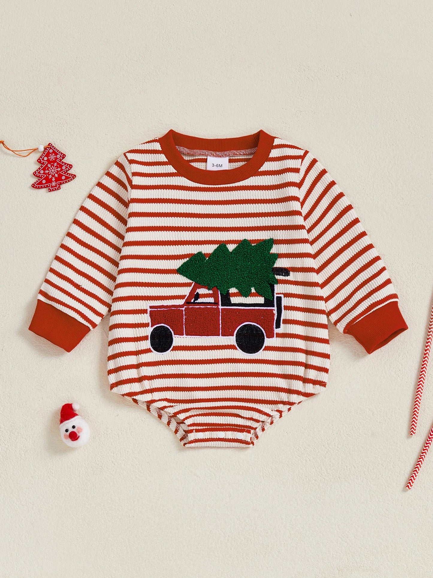 Baby Boy Girl Christmas Striped Jumpsuit Long Sleeve Round Neck Tree Truck Embroidery Romper