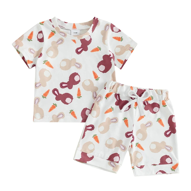 Baby Toddler Boys Girls 2Pcs Easter Set Bunny Rabbit Carrot Print Short Sleeve T-shirt with Elastic Waist Shorts Outfit