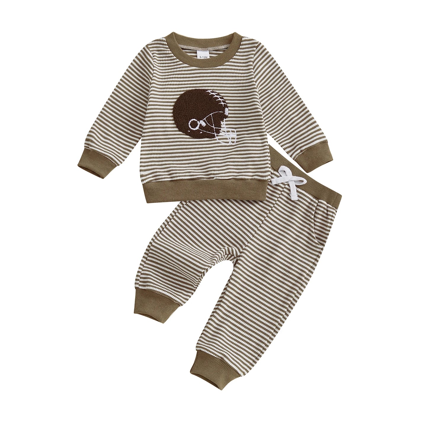 Baby Toddler Boys 2Pcs Football Helmet Outfit Striped Long Sleeve Top Elastic Waist Pants Waffle Jogger Set