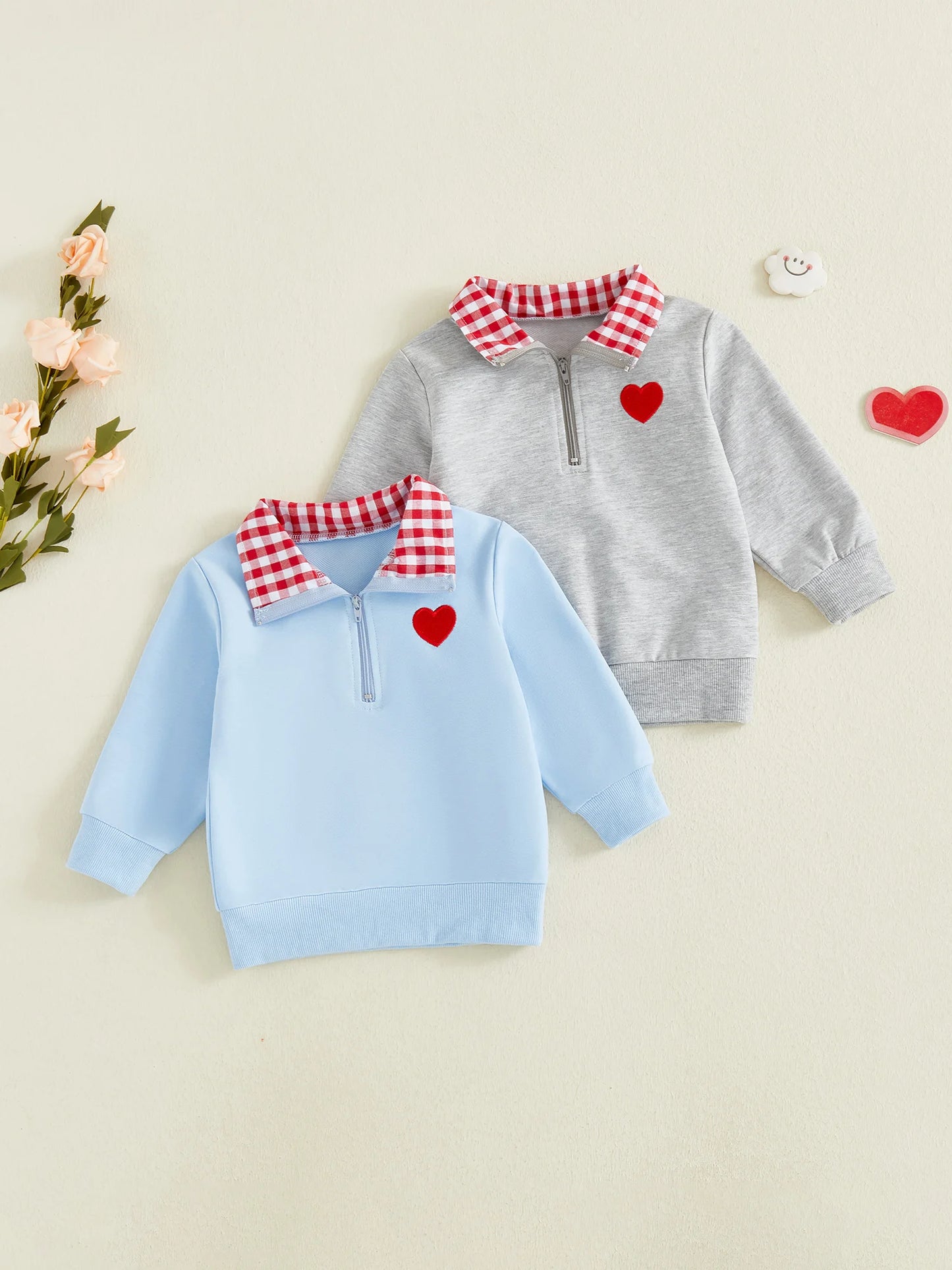 Baby Toddler Boys Girls Long Sleeve Plaid Collar Embroidery Heart Tops for Valentine Day
