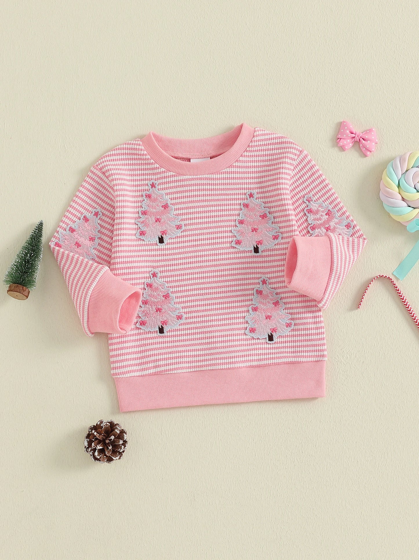 Baby Toddler Girl Christmas Top Christmas Tree Embroidered Striped Crew Neck Long Sleeve Pullover
