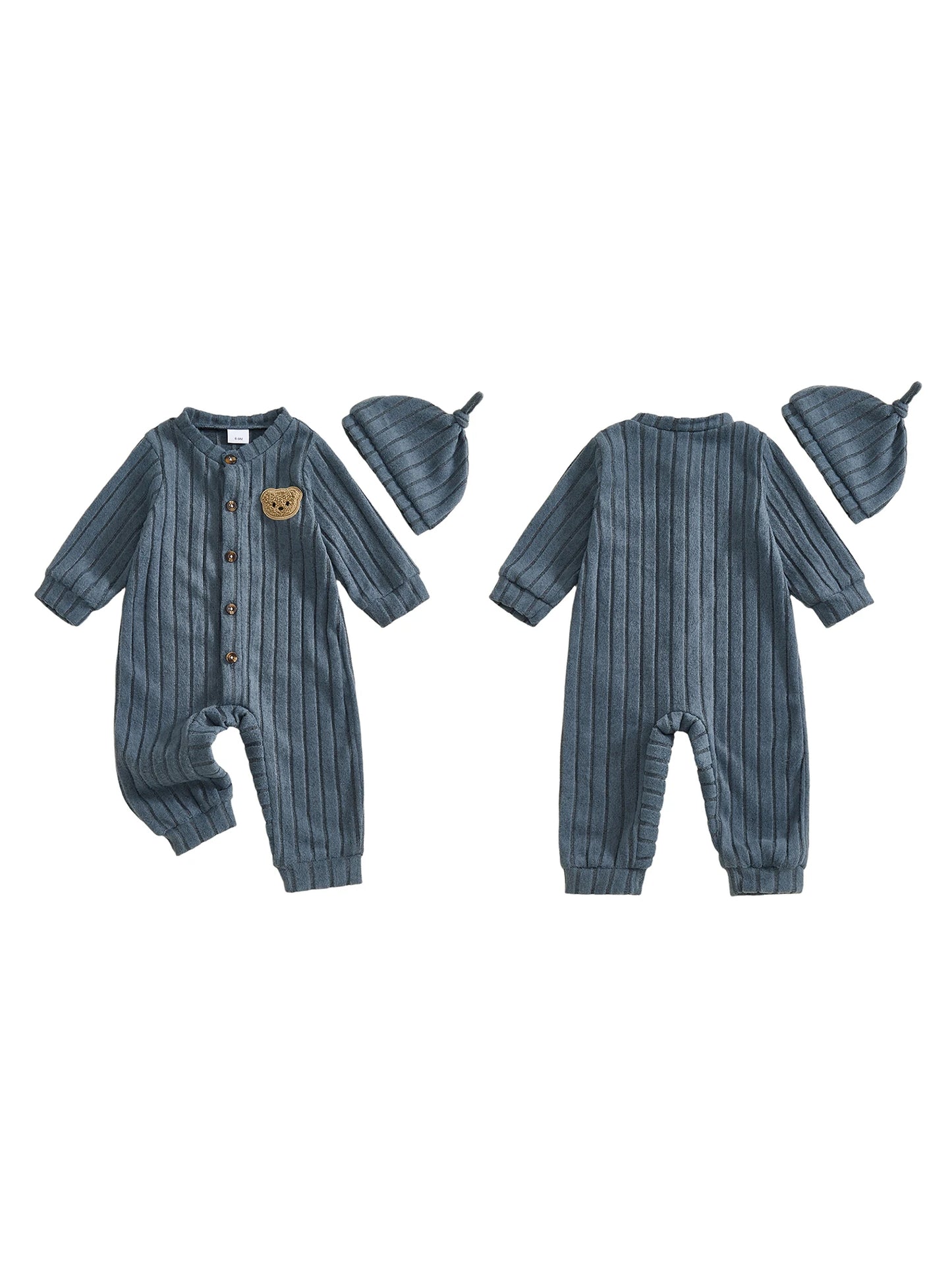 Baby Toddler Boy 2Pcs Jumpsuit and Hat Set Long Sleeve Bear Embroidery Button Down Romper with Hat Newborn Outfit
