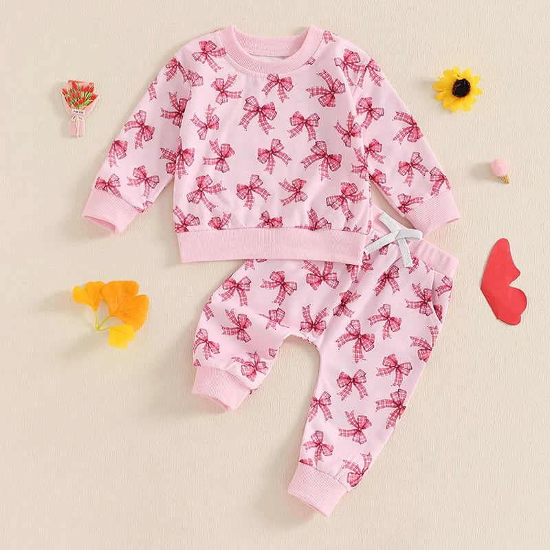 Baby Toddler Girls 2Pcs Fall Jogger Set Long Sleeve O Neck Bow Print Top Drawstring Pants Outfit