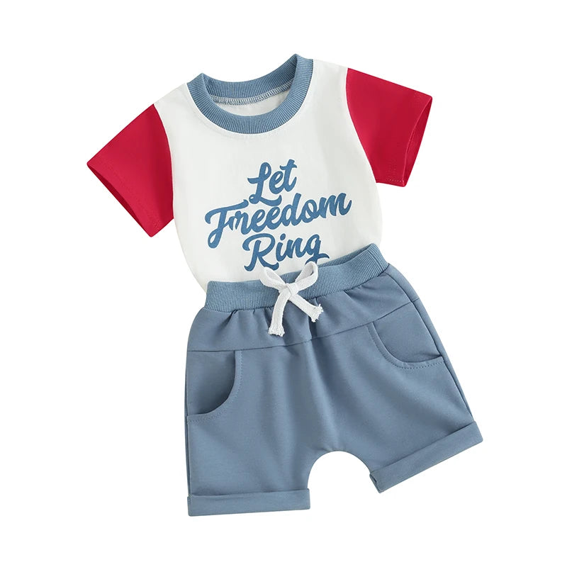 Baby Toddler Boys 2Pcs Let Freedom Ring 4th of July Independence Day Outfits Short Sleeve Letter Print Contrast Color Top and Drawstring Shorts Set