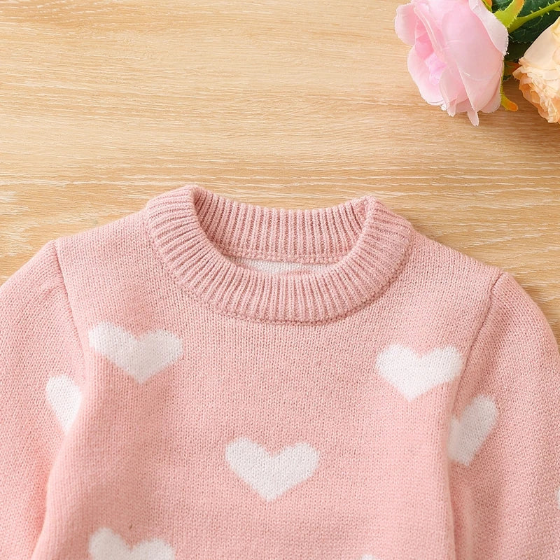 Baby Toddler Girl Knit Sweater Romper Long Sleeve Heart Print Jumpsuit Valentine's Day