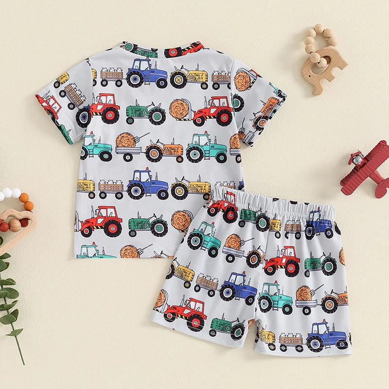 Baby Toddler Boys 2Pcs Farm Outfit Animal Tractor Print Pocket Short Sleeve Top with Elastic Waist Shorts Set