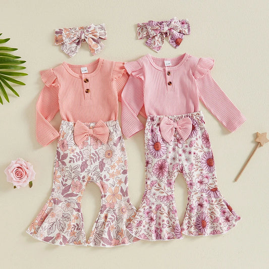 Baby Girls 3Pcs Spring Outfit Solid Color Ribbed Button Long Sleeve Romper Flowers Floral Print Flared Pants with Bow and Headband Set