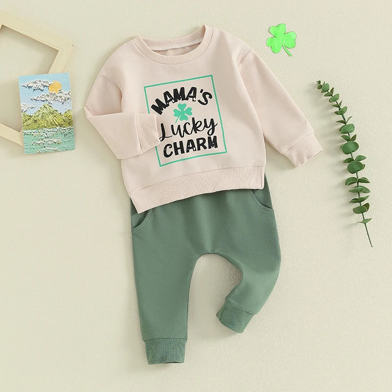 Toddler Baby Boy 2Pcs St. Patrick's Day Outfit Long Sleeve Clover Mama's Lucky Charm Letter Top Pant Set