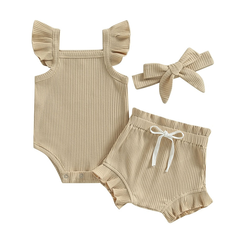 Baby Toddler Girls 3Pcs Flutter Sleeve Solid Romper Tops Drawstring Short Pants Headband Outfit