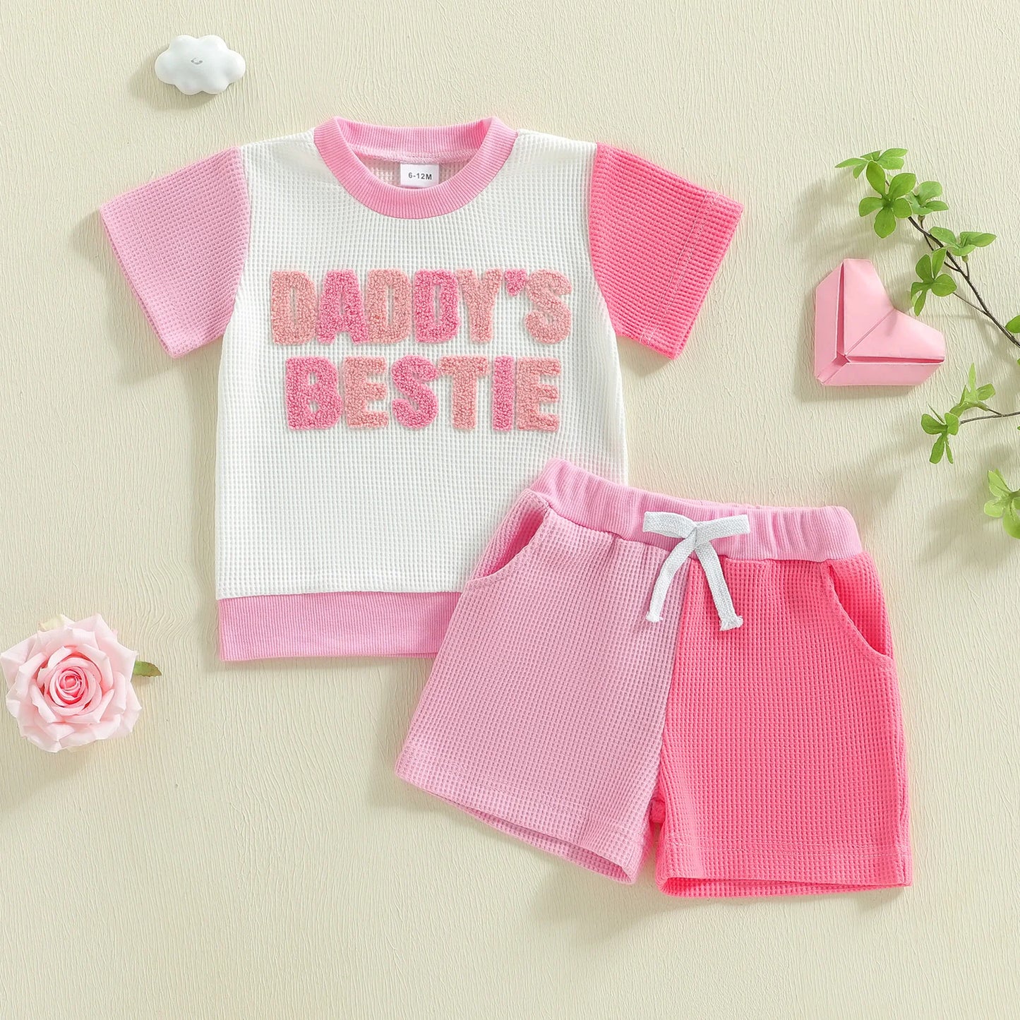 Baby Toddler Girls 2Pcs Daddy's Bestie Set Contrast Letter Short Sleeve T-shirt and Shorts 2 Piece Waffle Summer Outfit