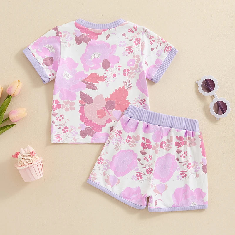 2024-04-02 Lioraitiin 6M-5Y Kid Baby Girls Summer Shorts Sets Short Sleeve Crewneck Floral Print Tops Shorts Sets