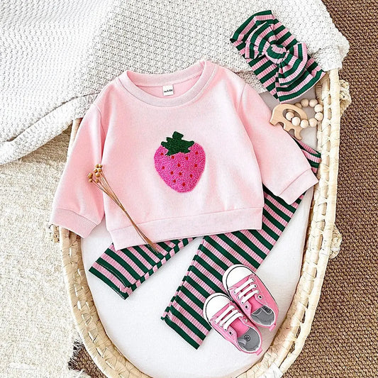 Baby Toddler Girls 3Pcs Set Strawberry Pullover Top Cotton Striped Pants Headband Outfit