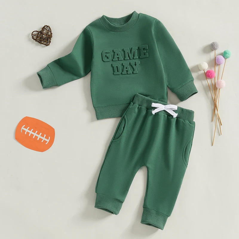 Baby Toddler Boys Girls 2Pcs GAME DAY Jogger Set Long Sleeve O-Neck Letter Top with Elastic Waist Pants Fall Outfit