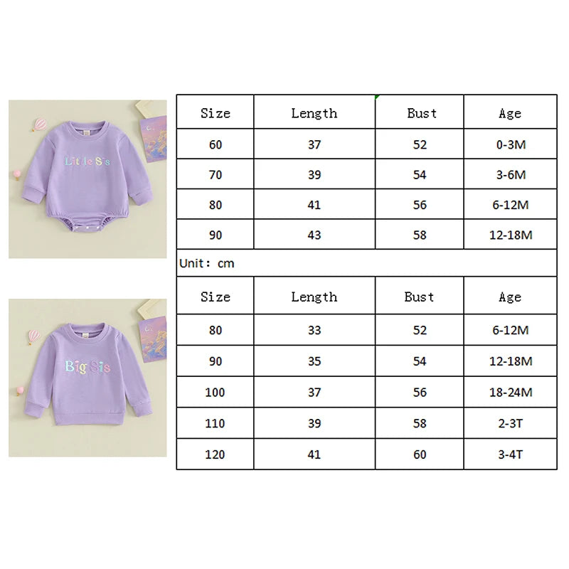 Toddler Baby Girls Clothes Sister Matching Outfits Letter Big Little Sis Embroidery Long Sleeve Bubble Romper or Long Sleeve Top