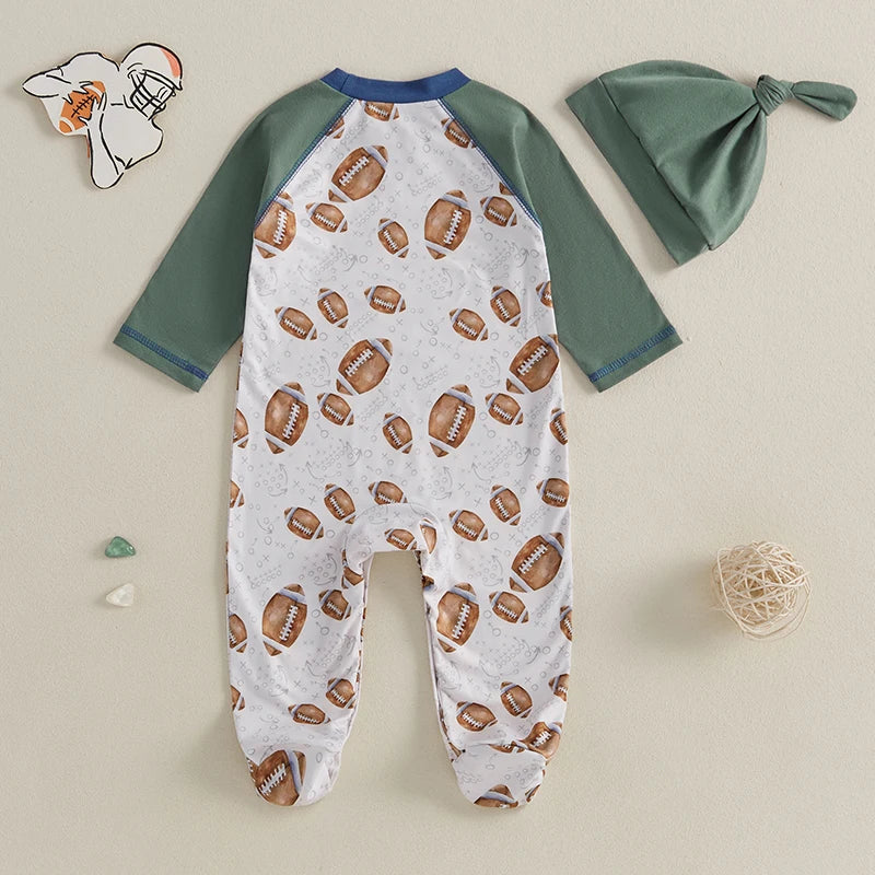 Baby Boys 2Pcs Footie Set Long Sleeve Crew Neck Football Print Jumpsuit Romper with Hat Outfit