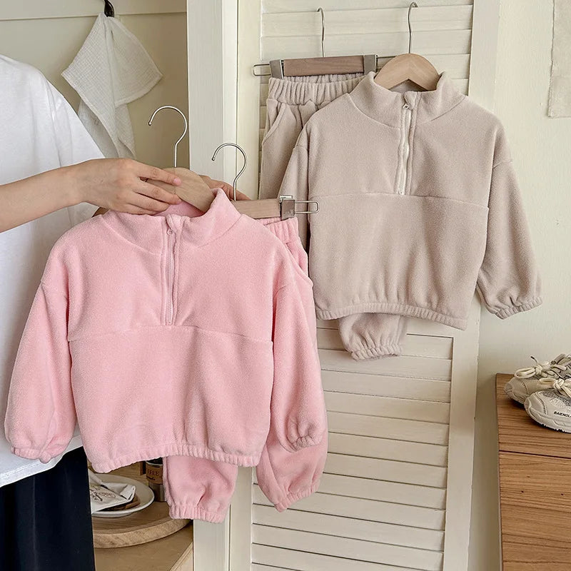 Toddler Kid Boy Girl 2Pcs Clothes Set Fleece Pullover Top Pant Suit Casual Warm Thick Winter Two Piece Jogger Set
