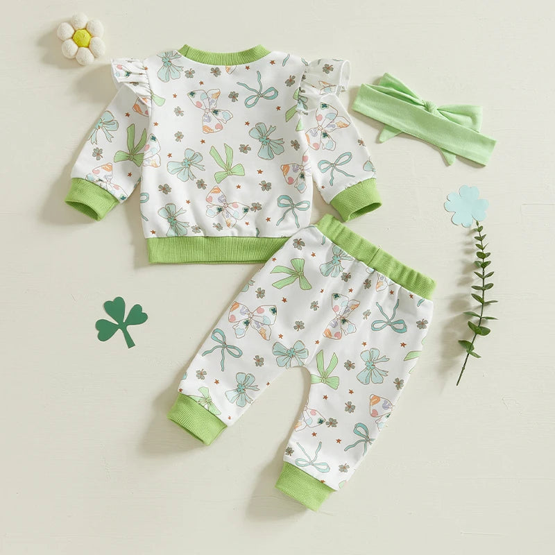 Baby Toddler Girls 3Pcs St. Patrick's Day Outfit Bow Four Leaf Clover Shamrock Print Crew Neck Long Sleeve Top Long Pants Headband Jogger Set