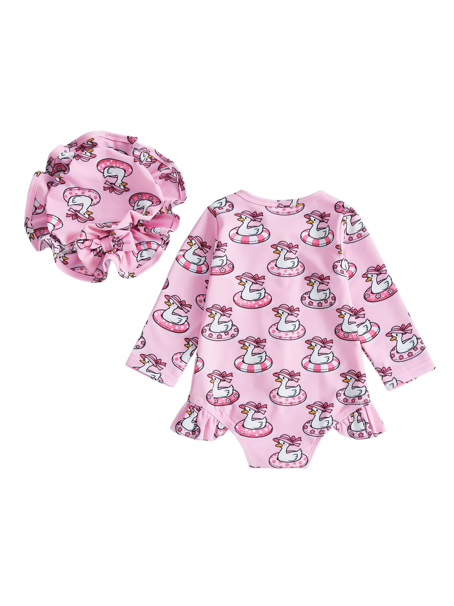 Baby Toddler Girls 2Pcs Swimsuit Set Duck/Shell Print Crew Neck Long Sleeve Zipper Rash Guard Swimwear and Sun Hat