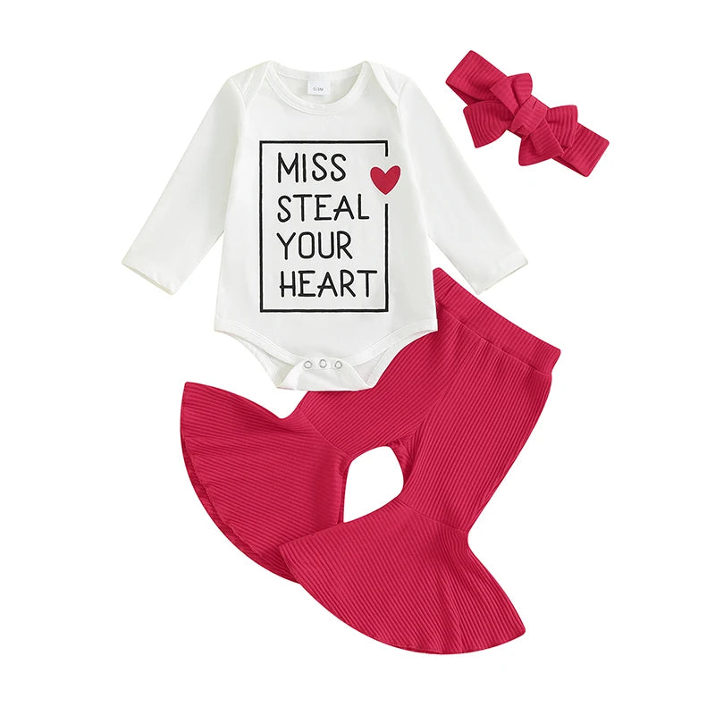 Baby Girl 3Pcs Valentine's Day Outfit Miss Steal Your Heart Letter Print Long Sleeve Romper Bell Bottom Pants with Bow Handband Set