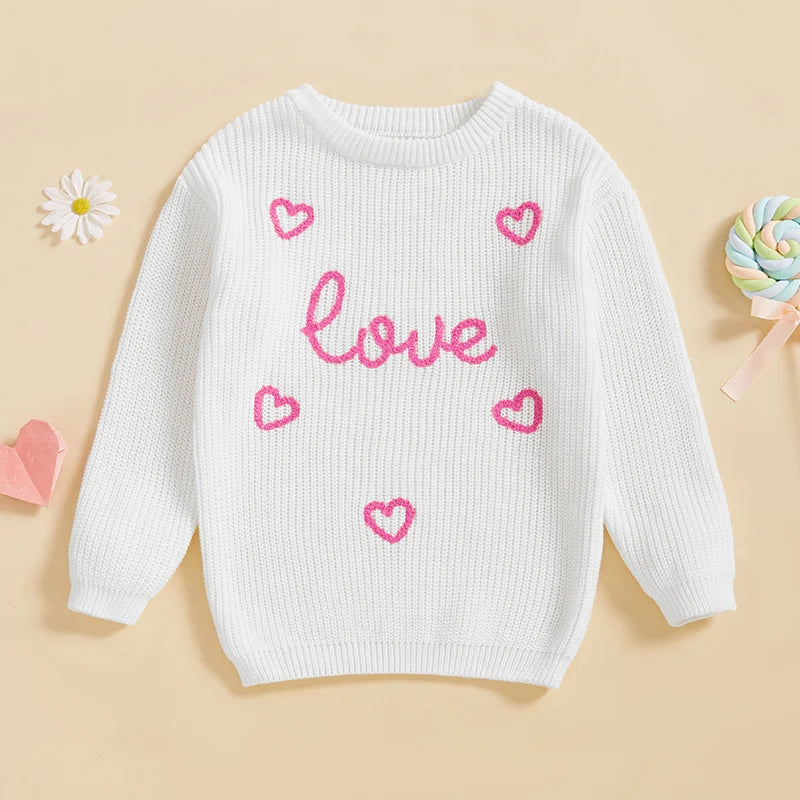 Toddler Kids Girls Pullover Sweater Casual Valentine s Day Letter Love Heart Embroidery Infant Knitwear Warm Clothes