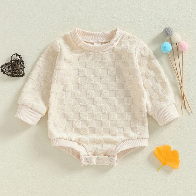 Baby Boys Girls Romper Long Sleeve Crew Neck Checkered Bodysuit Fall Playsuit