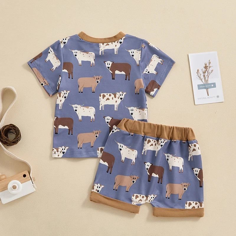 Baby Toddler Boy 2Pcs Farm Outfit Cartoon Animal Chicken Cow Print Short Sleeve Top with Elastic Waist Shorts Set