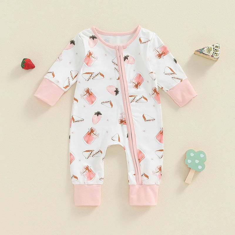 Baby Girls Long Sleeve Romper Strawberry Jam Jar Sandwich Print Front Zipper Jumpsuit