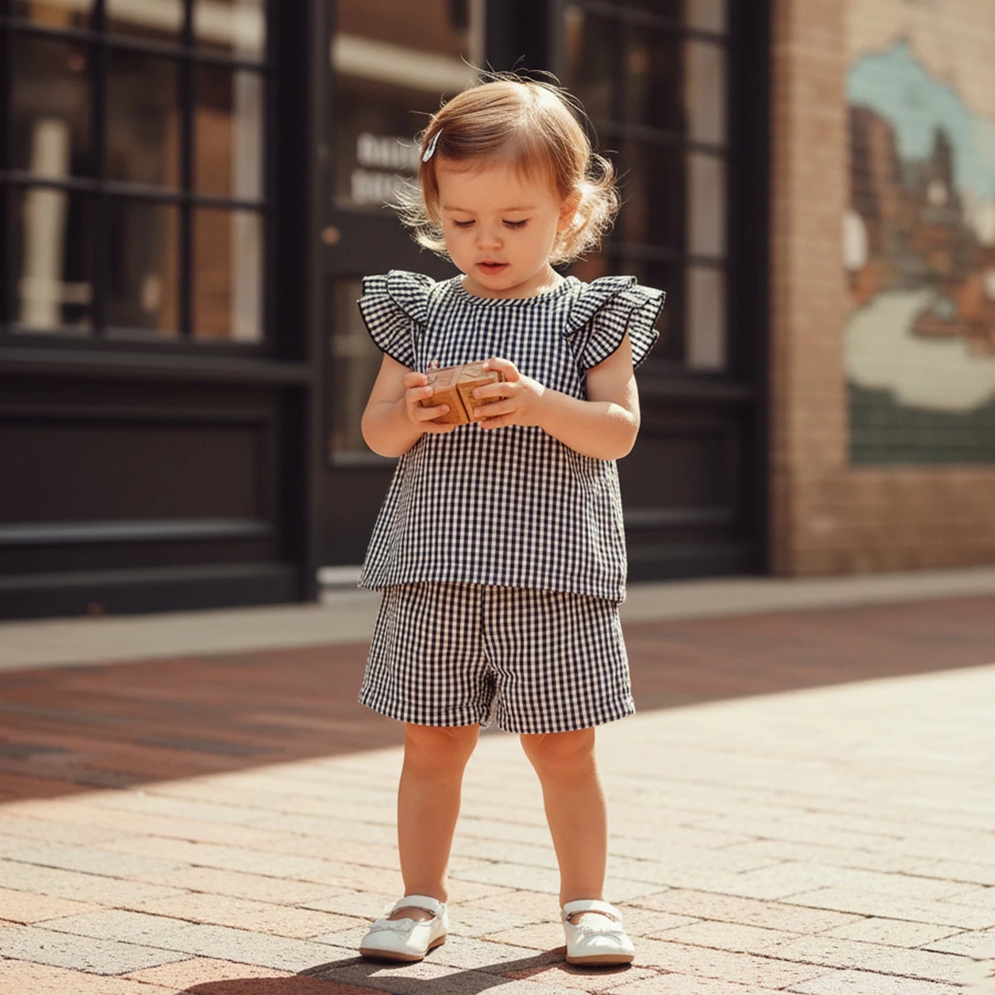 Baby Toddler Girls 2Pcs Plaid Outfit Fashionable Cute Flying Sleeve Top with Shorts Clothing Set