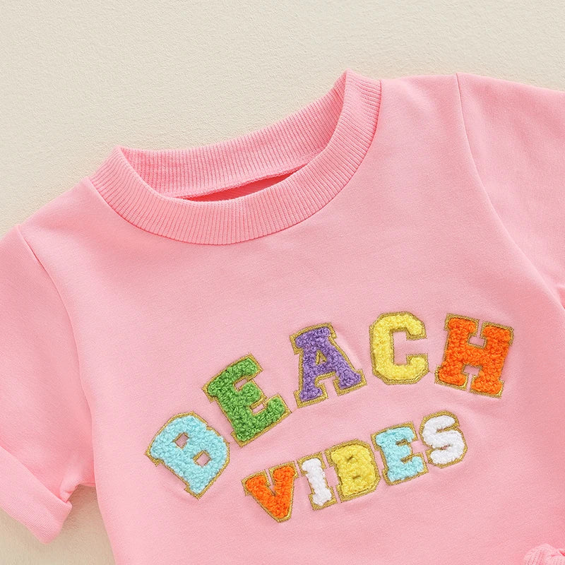 Baby Toddler Girls 2Pcs Beach Vibes Short Sleeve Embroidery Letters Top with Elastic Waist Shorts Summer Outfit Set