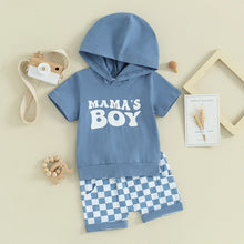 Load image into Gallery viewer, Toddler Baby Boy 2Pcs Mama&#39;s Boy Summer Outfits Letter Print Short Sleeve Hooded Top + Checker Shorts Set
