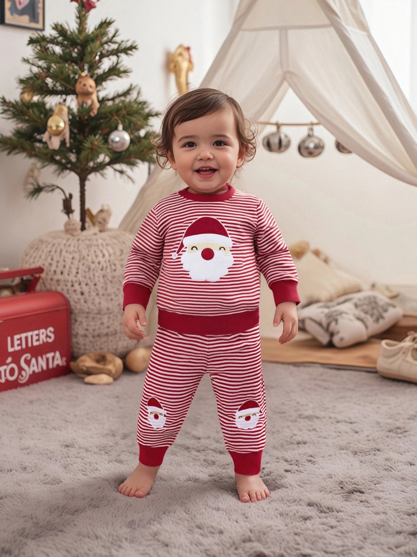 Baby Toddler Boys 2Pcs Striped Set Santa Claus Embroidery Long Sleeve Pullover Top with Pants Christmas Outfit