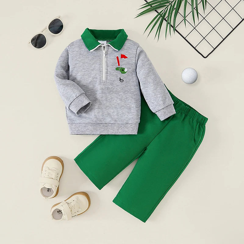 Baby Toddler Boys 2Pcs Autumn Outfit Long Sleeve Collar Golf Embroidery Top Solid Color Pants Set