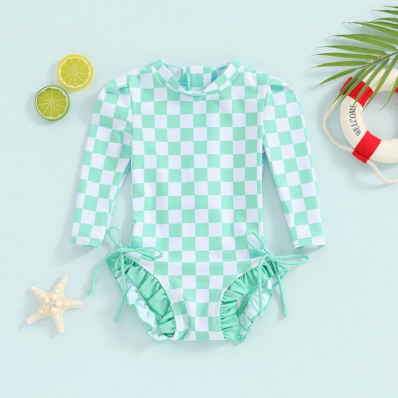 Baby Toddler Girls Beach Swimwear Long Sleeve Checkerboard Print Ruffle Romper Bathing Suit