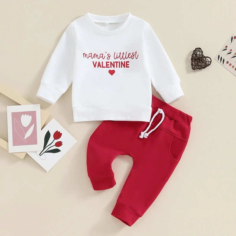 Toddler Baby Boy Girl 2Pcs Set Long Sleeve Letter Mama's Littlest Little Valentine / Mama's Boyfriend Heart Print Top with Jogger Pants Valentine's Day Outfits