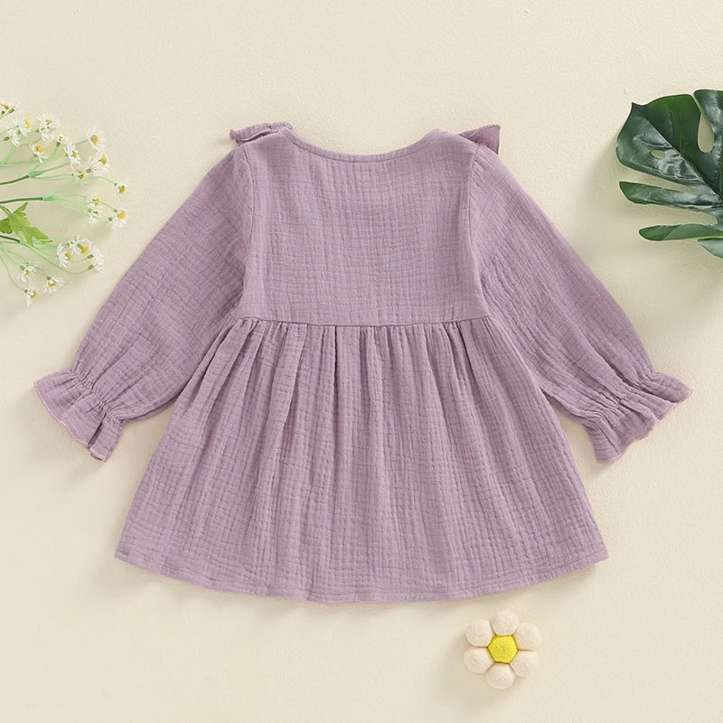 Baby Toddler Girls Autumn A-line Princess Poof Long Sleeve Crewneck Solid Color Button Dress