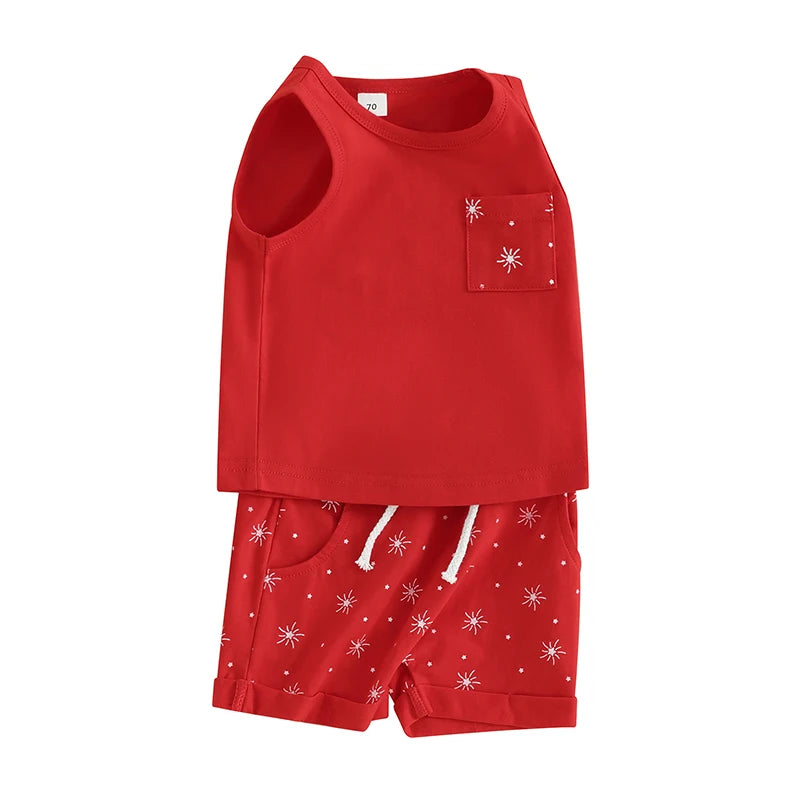 Baby Toddler Boy 2Pcs Summer Shorts Set Star Print Round Neck Tank Tops with Elastic Waist Shorts Outfit