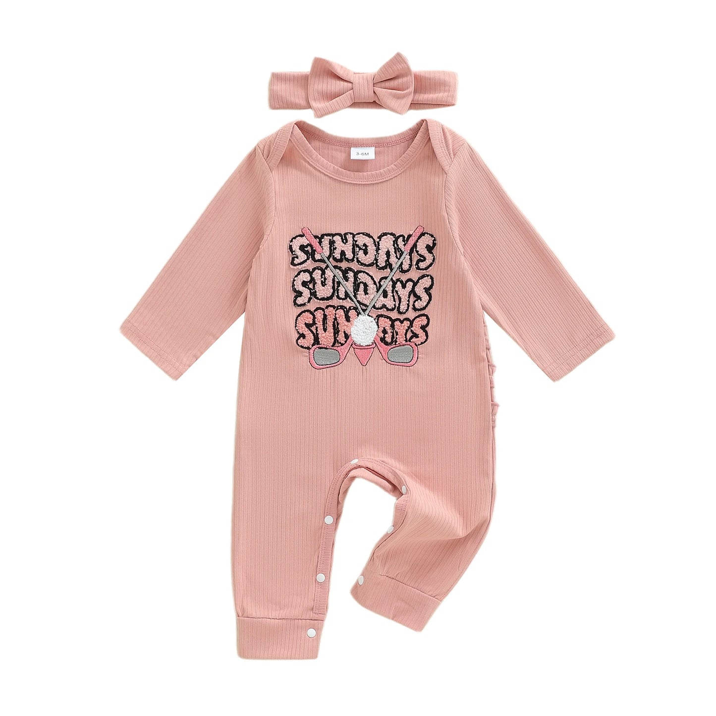Baby Girl 2Pcs Sunday Outfit Golf Embroidered Ribbed Crew Neck Long Sleeve Romper and Bow Headband Set