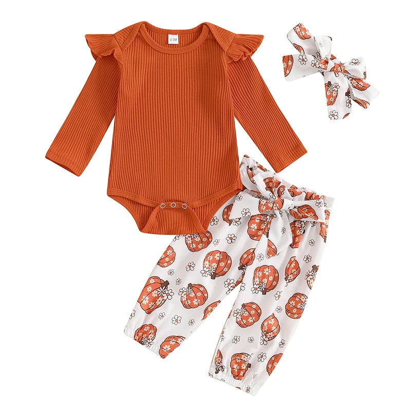 Baby Girls 3Pcs Halloween Outfit Ribbed Long Sleeve Frill Sleeve Romper and Elastic Pumpkin Flower Print Pants Headband Set