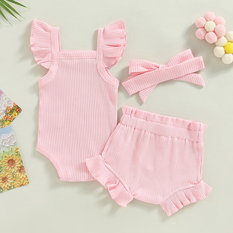 Baby Toddler Girls 3Pcs Flutter Sleeve Solid Romper Tops Drawstring Short Pants Headband Outfit