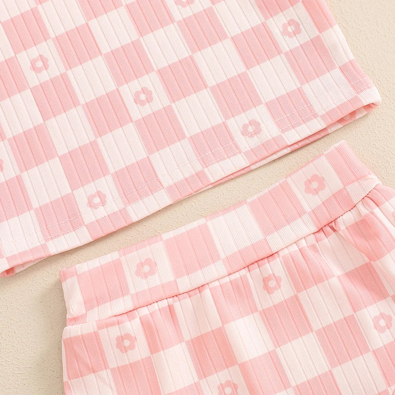 Baby Toddler Girls 2Pcs Summer Set Short Sleeve Checkerboard Flower Print Top Shorts Bloomers Outfit